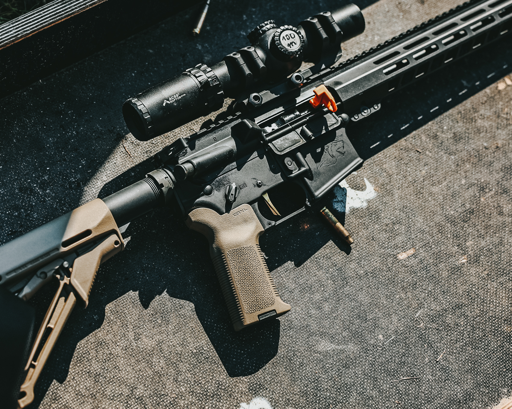 Full rental AR15 build with Mimtac trigger and 45-degree safety selector